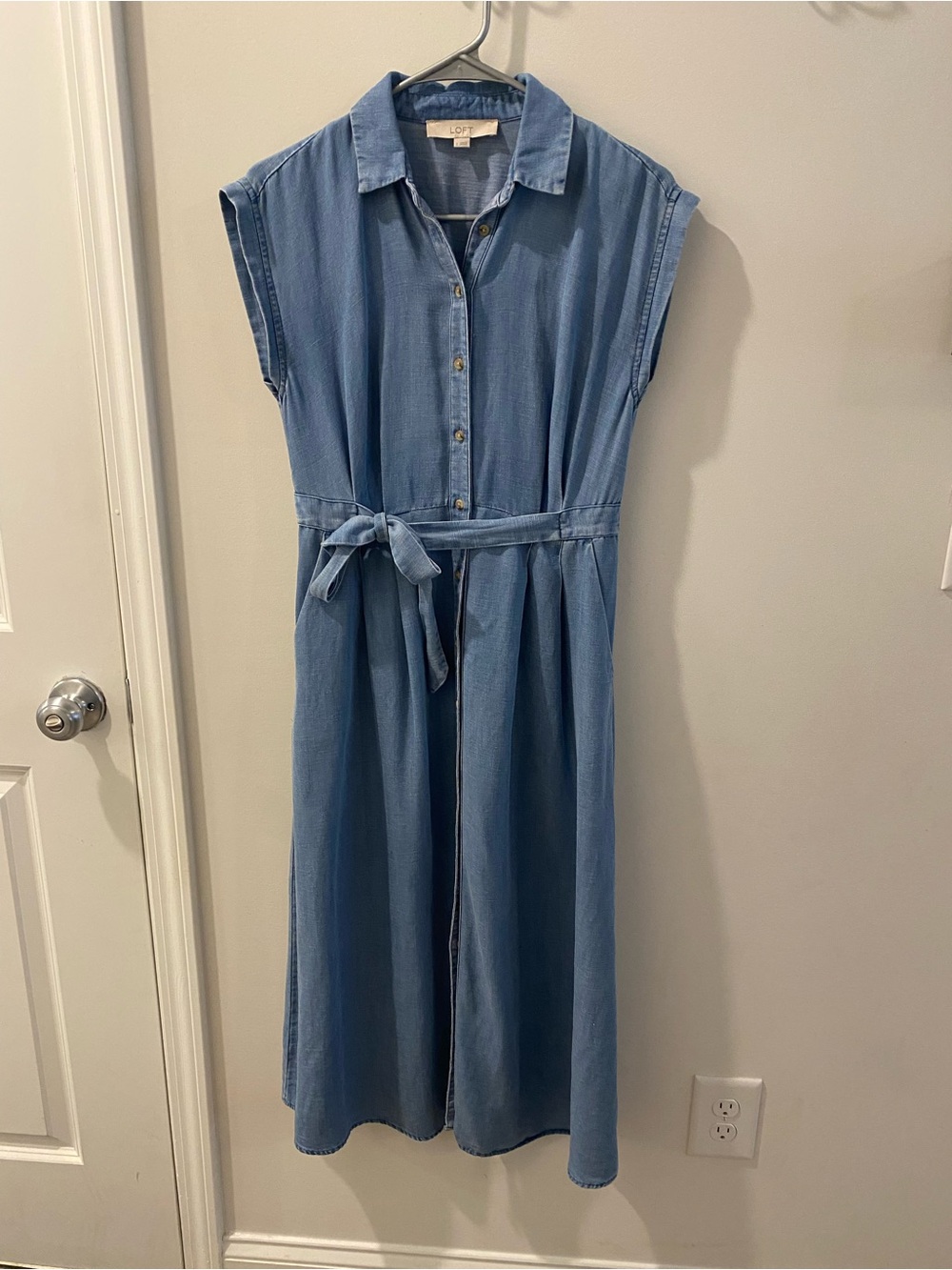 LOFT Light Blue Denim Midi Shirt Dress with Tie Belt